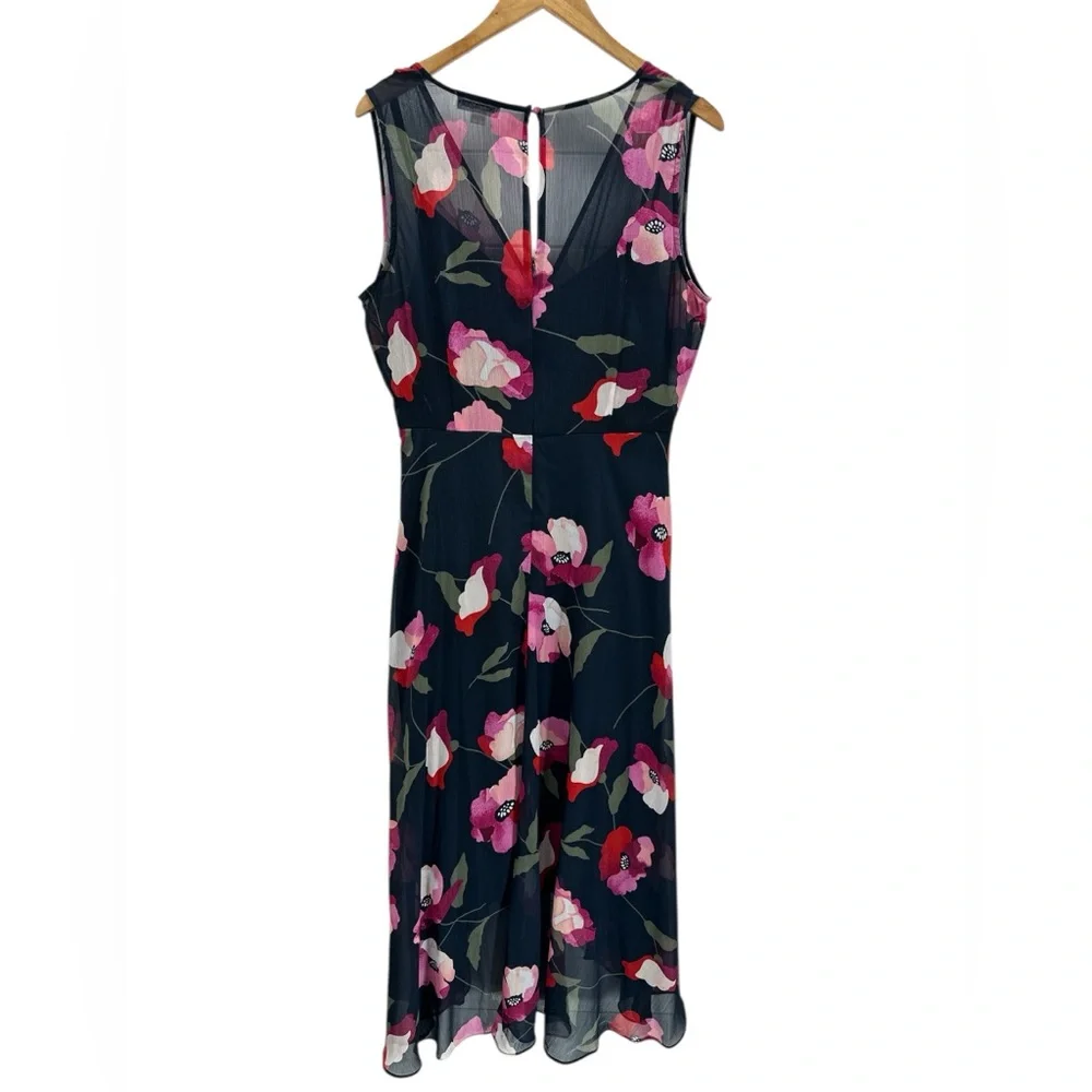 Calvin Klein Floral Sleeveless Chiffon High-Low Dress Navy Pink Red Elegant 12 - Picture 3 of 12